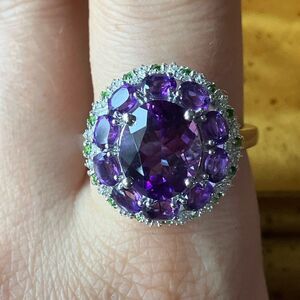 African Amethyst Chrome Diopside Sterling Silver Cocktail Ring Size 10